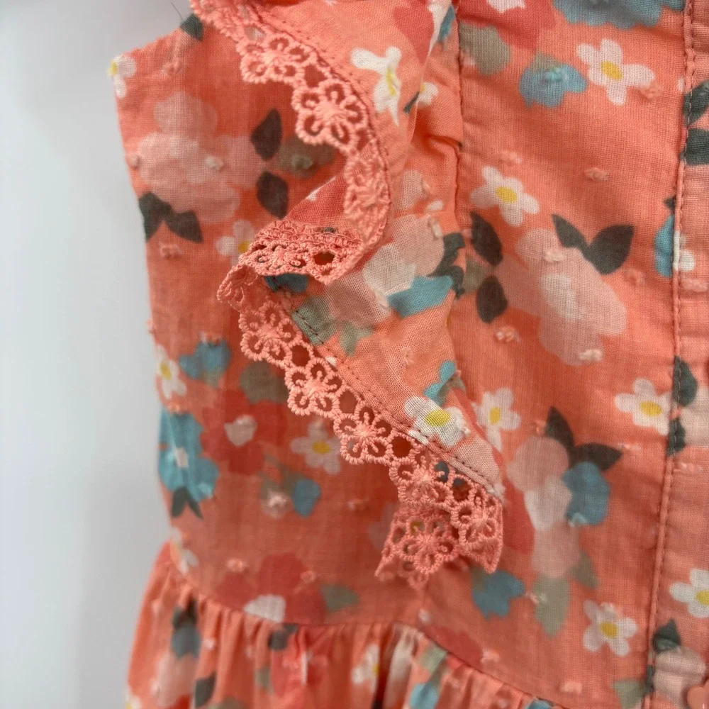 btween Girls Peach Floral Swiss Dot Ruffle Button Front‎ Tiered Dress Size 5